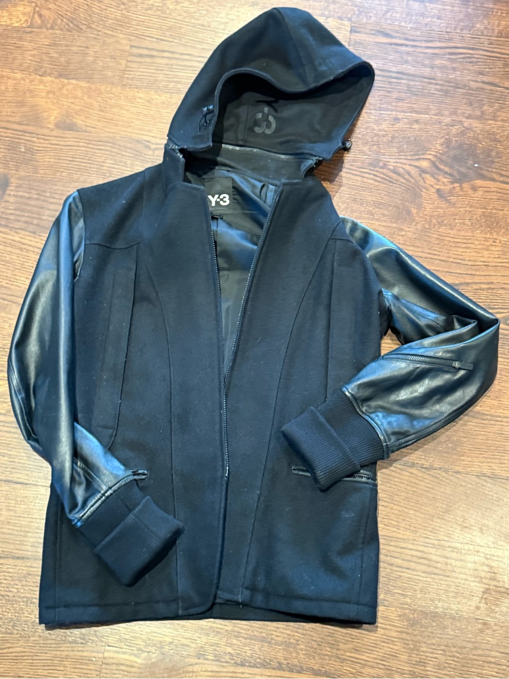 Y-3 x Adidas Black Hooded Bomber Jacket with Leather Sleeves